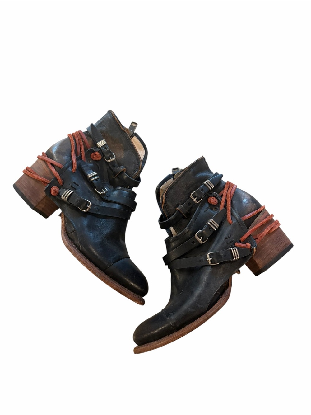 Freebird Crue Black Leather Buckle Ankle Boots with Brown Wood Heel Red Wraps